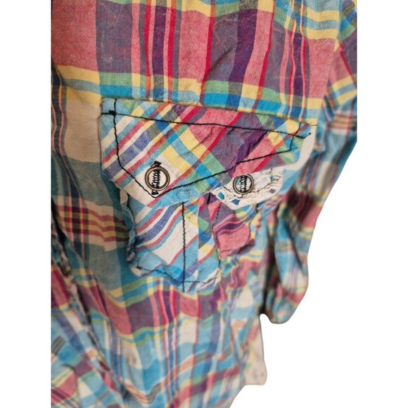 Gimmicks by BKE For The Buckle Boho Western Lace Crochet Plaid Shirt Top Sz M/L - Picture 2 of 7